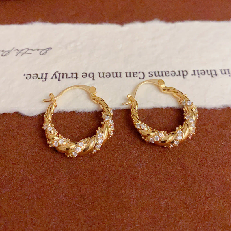 HS.DPR Elegant Gold Plated Zircon Twist Hoop Earrings Geometric Design